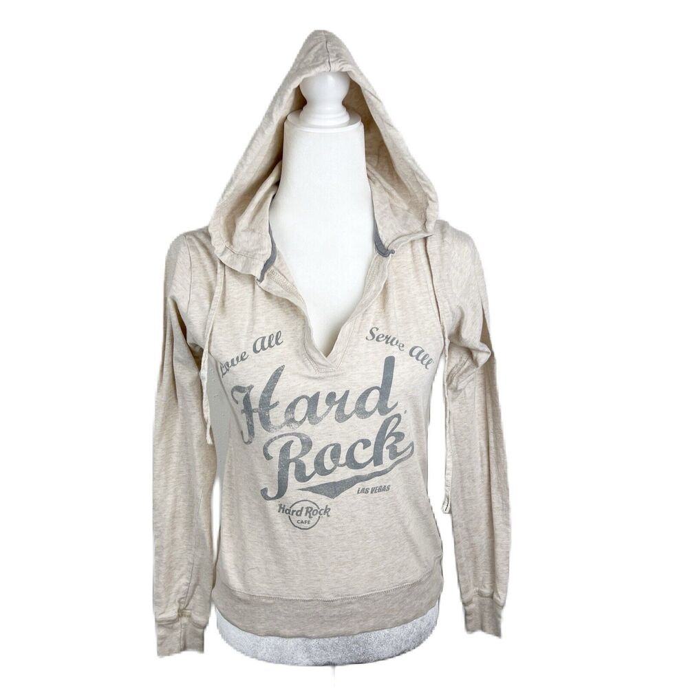Hard Rock Cafe Sweater Women Extra Small Cream Las Vegas Pullover Hoodie Cotton